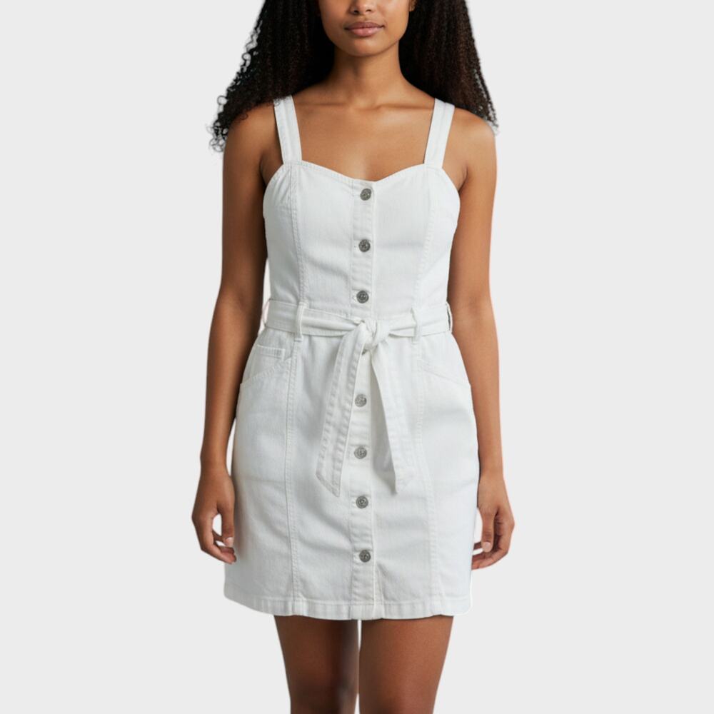 SO White Large Dress Belted Sleeveless Button Front Cotton Spandex Stretch